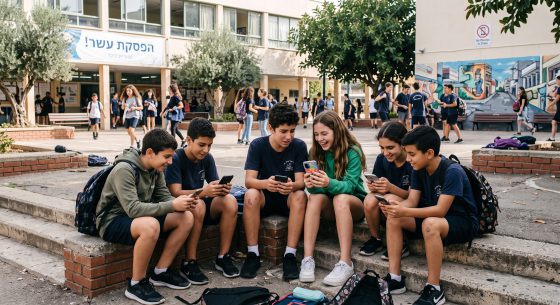 נערים ונערות בטלפון בהפסקה. מקור: בינה מלאכותית